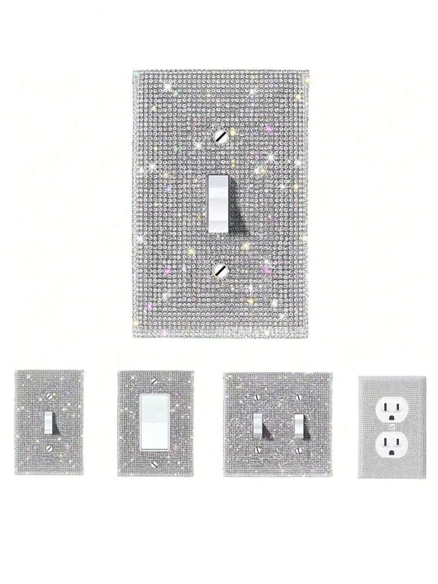 1pc Power Socket Panel Cover/Outlet Protector, Silver Rhinestone Inlaid Shiny Decorative Light Switch Panel (Suitable For Bedroom And Home Decor); Also Includes Home Decor Stickers/Wall Decals/Vinyl Stickers, Suitable For Spring Home Refresh, Decorative Accents And As Birthday Or Graduation Gifts. - Multiple Styles - View 1