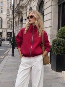 Fashion Plaid Stand Collar Zipper Short Jacket, Casual Loose Long Sleeve Outerwear, Suitable For Autumn - Red - View 9
