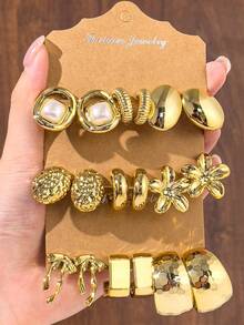 6-18pcs Gold Fashion Women's Earrings Set, With Flower, Bow, Ribbed, Textured, Smooth, Bird Nest Design Earrings Set, Suitable For Daily Wear In All Seasons And Various Occasions, Perfect As A Gift - Gold - View 1