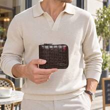 HOVI'S 1pc Black Crocodile Embossed PU Leather Men's Short Wallet, Multi-Functional Large Capacity Zipper Wallet, Card Slot Design + ID Window + Coin Compartment, Full Zipper Closure Business Casual Wallet, Suitable For Commuting, Travel, Daily Use For Men - Brown - View 4