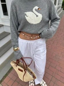 女款可愛休閒新款時尚秋季Y2K天鵝印花寬鬆長袖針織毛衣套頭上衣 秋冬外出穿搭服飾 - 灰色 - 查看 6