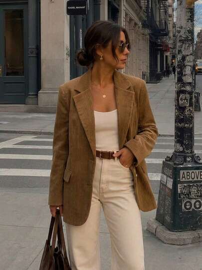 Sacou damă din catifea cu dungi, vintage casual, cu aspect uzat și spălare acidă, maro închis, croială largă, stil business casual, elegant, pentru birou, navetă și călătorii zilnice, culoare uni, cu nasturi, cald, pentru toamnă/iarnă