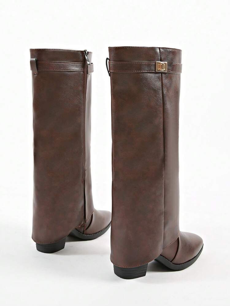 Elegant Pointed Toe Chunky Heel Matte Leather Side Zipper V-Cut Slimming Versatile Women's Tall Boots - Brown - View 7