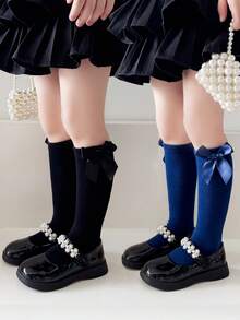 2 Pairs Girls' Bow Knee-High Socks, Elastic Comfortable Breathable Casual Holiday Birthday Party Daily Wear, Suitable For All Seasons - Multicolor - View 19