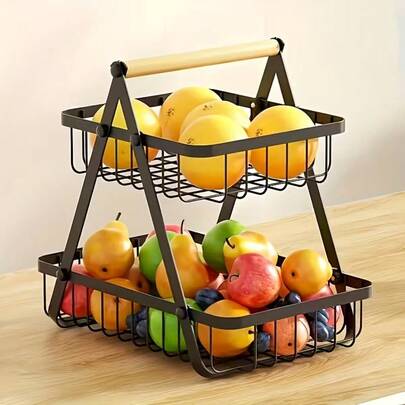 1pc Countertop Vegetable & Fruit Basket With Removable Bowl Rack And Wooden Handle, Fresh-Keeping Kitchen Storage Organizer, Kitchen Accessory, Holiday Essential