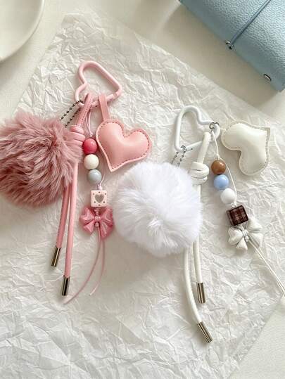 1pc Textured Heart-Shaped Carabiner Keychain, Color-Block Beaded Bow Phone Lanyard Bag Charm Pendant