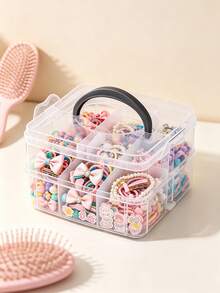 1pc Multi-Layer Divided Transparent Plastic Storage Box With Handle, Thickened Transparent Material, Multi-Compartment Classification Storage, Flip Lid With Snap Seal Dust-Proof, Stackable Space-Saving Design, Portable Handle For Easy Movement, Suitable For Storing Hair Ties, Hair Clips, Jewelry, Cosmetics, Handmade Beads Accessories, Ideal For Vanity, Desk, Bedroom Use, Multi-Functional Home Storage Box, Desktop Organizer, Beauty Accessories Classification Storage Box, Handmade Small Items Storage Box, Home Desktop Tidy Storage Solution - Clear - View 9