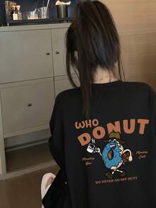 女款秋冬時尚寬鬆極簡百搭字母與甜甜圈印花長袖T恤 - 黑色 - 查看 2