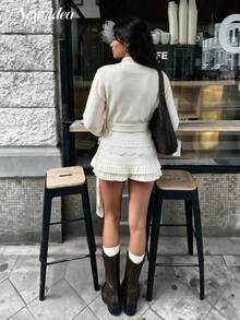 NEW IDEA Women's Casual Off‑White Fall Winter Sweater, Knit Top With Metal Buckle Belt And Lace Hem Splicing For Daily, Commute, Dating, Going Out - Apricot - View 2