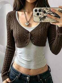 Women's Knitted Cropped Cardigan Long Sleeve Top, Autumn/Winter Outfit, Medium Stretch Knitted Fabric - Brown - View 2