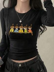New Short Long Sleeve T-Shirt Women Y2K Generation Fun Cartoon Print Spring Autumn Korean Style Crew Neck Versatile Casual Slim Fit Top - Black - View 2
