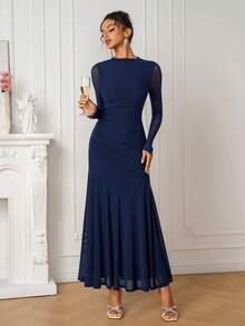 PARTHEA Women's Elegant Deep Blue Mesh Stand Collar Long Sleeve Mermaid Evening Gown, Suitable For Wedding Guests - Navy Blue - View 7