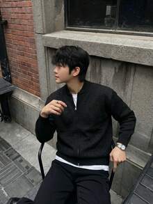 Men's Simple Solid Color Casual Loose Fit Long Sleeve Zip-Up Knit Cardigan Sweater, Autumn/Winter - Black - View 1