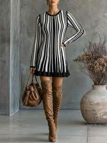 Women Fall Winter Elegant Color White Black Block Striped Sweater Ruffle Dress, Flared Hem Ribbed Bodycon Dress, Baby Shower/New Year Dress - Multicolor - View 12