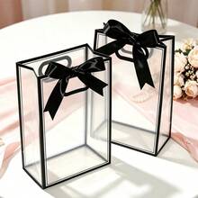 1/4/12pcs Transparent Gift Bags With Ribbons, Suitable For Baby Shower, Graduation, Wedding, Bridal Party, Birthday Party, Business Occasions, With Cut-Out Handles, Reusable PP Material, 7x10x3.15 Inches (Black) - Black - View 5