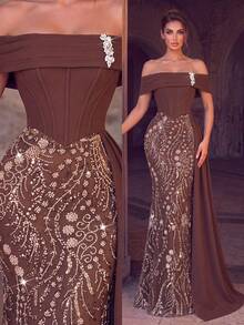 Women's Formal Cold Shoulder Ball Gown, Elegant Knit Maxi Dress With Rhinestone Embellishments And Ruffle Details - Brown - View 5