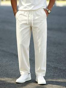 Men's Linen Ice Silk Wrinkled Long Pants With Drawstring Waist And Large Pockets, Unisex, Summer Essential, Suitable For Daily Wear, Travel, Watching World Cup, Casual Wear, Perfect Gift For Boyfriend Or Father - Beige - View 3
