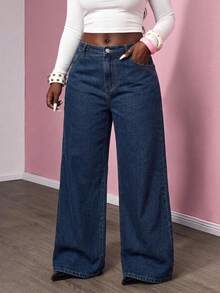 Women's Plus Size Loose Fit Denim Jeans, Long Non-Stretch Vintage Style, With Pockets And Zipper Closure, Original Color Wash Details - Blue - View 3