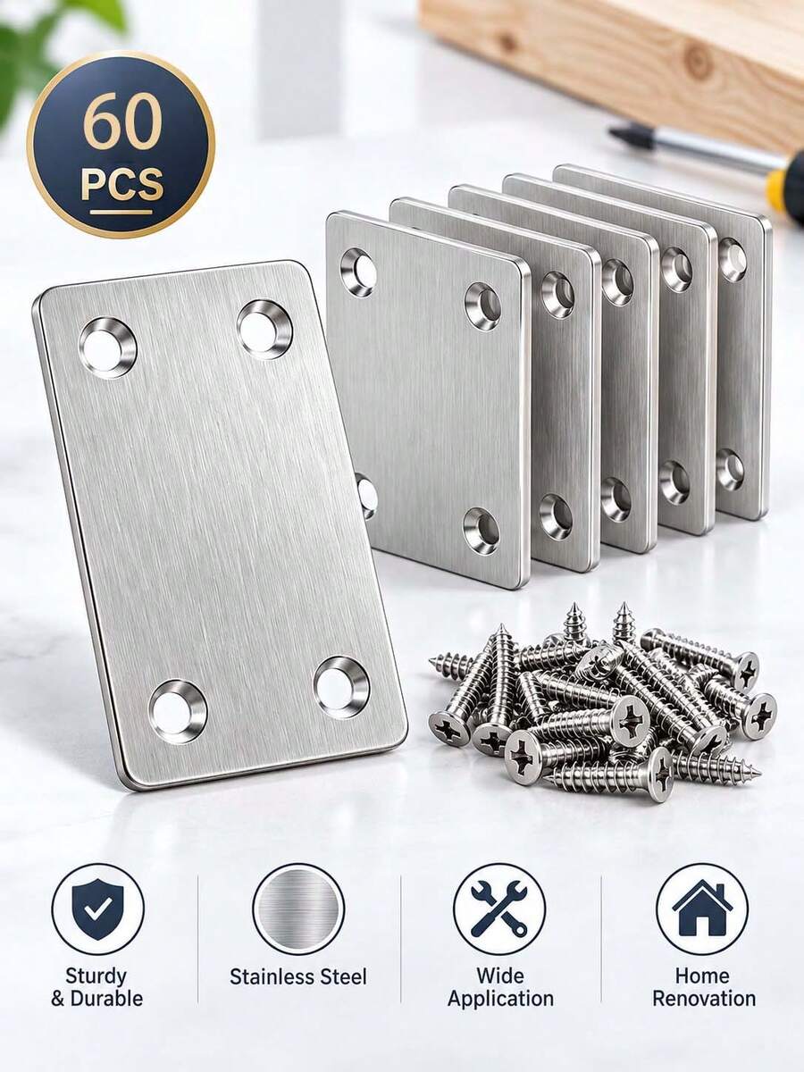 60 miếng miếng dán sửa chữa, giá đỡ kết nối phẳng 4 lỗ, phù hợp cho tủ, kệ, ghế và sửa chữa nhiều loại nội thất