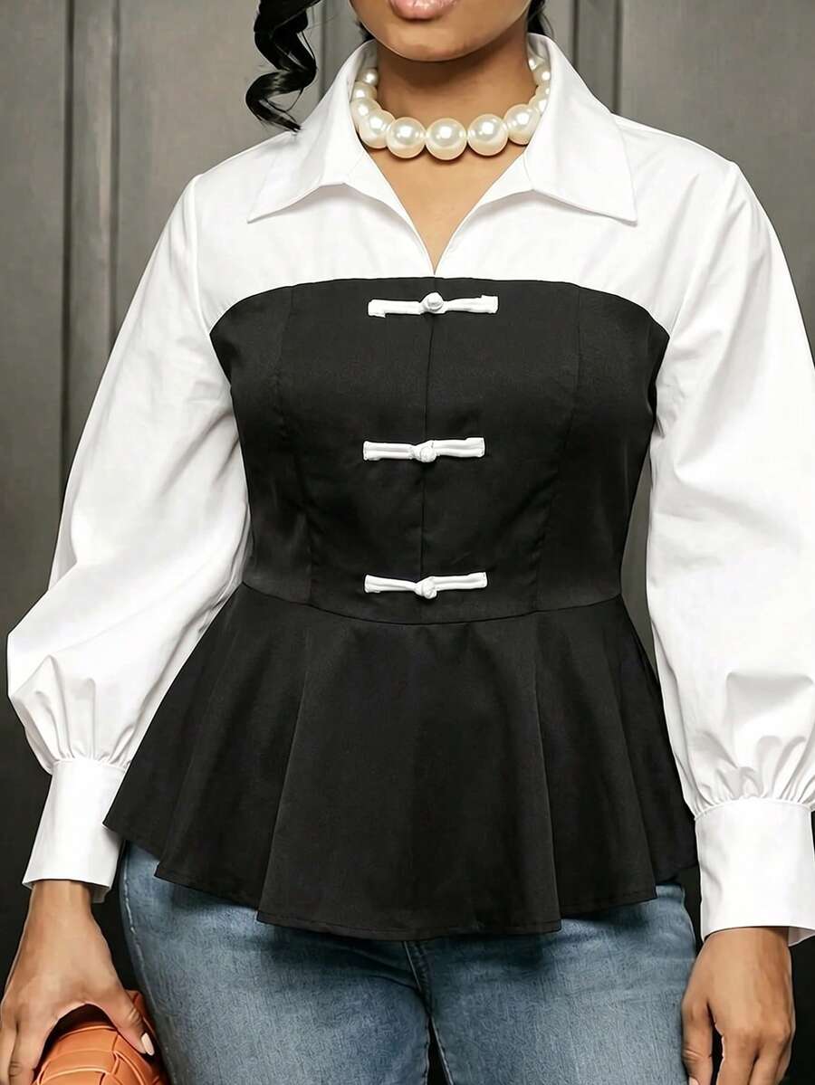 Women's Plus Size Contrast Color Frog Button Design Ruffle Hem Blouse - Black and White - View 1