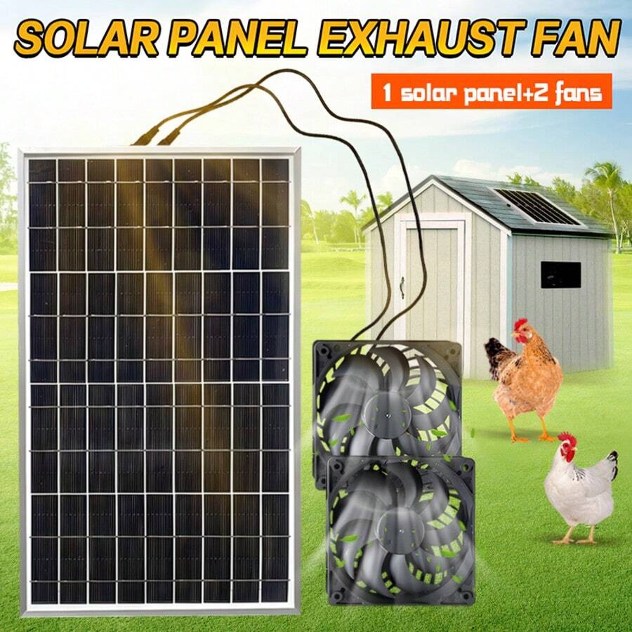 10W Solar Panel Dual Fan Kit, Waterproof Solar Powered Ventilation Fan, DC Cooling Exhaust Fan, Outdoor Solar Vent Fan For Greenhouse, Pet House, Shed, Window, RV, Outdoor Enclosure Circulation Fan