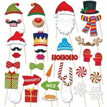 36Pcs Christmas Photo Booth Props,Paper Handheld Selfie Props With Santa Claus & Snowball Patterns,Christmas Party Decor Supplies - Multicolor - View 1