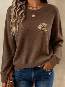 Plus Size Women's Ghost Reading Bookshelf Graphic Casual Pullover Sweater - Dark Ochre - View 2