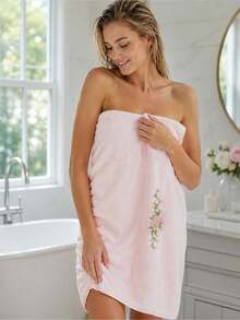 1pc-Rose Embroidered Large Bath Towel, Size 90*170 Cm, Soft And Thick, Quick-Drying, Dedicated For Home Bathing. Exquisite Rose Embroidery Adds A Gentle Atmosphere, Fluffy And Comfortable Touch, No Shedding, Available In Beige And Pink, Combining Practicality And Sweet Appearance. - Multicolor - View 6