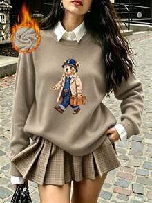 Women's Plus-Size Casual, Cute Faux-Knit Sweater Featuring A Stylish Bear Graphic-A Versatile Top Perfect For Everyday Wear In Autumn And Winter. - Camel - View 1