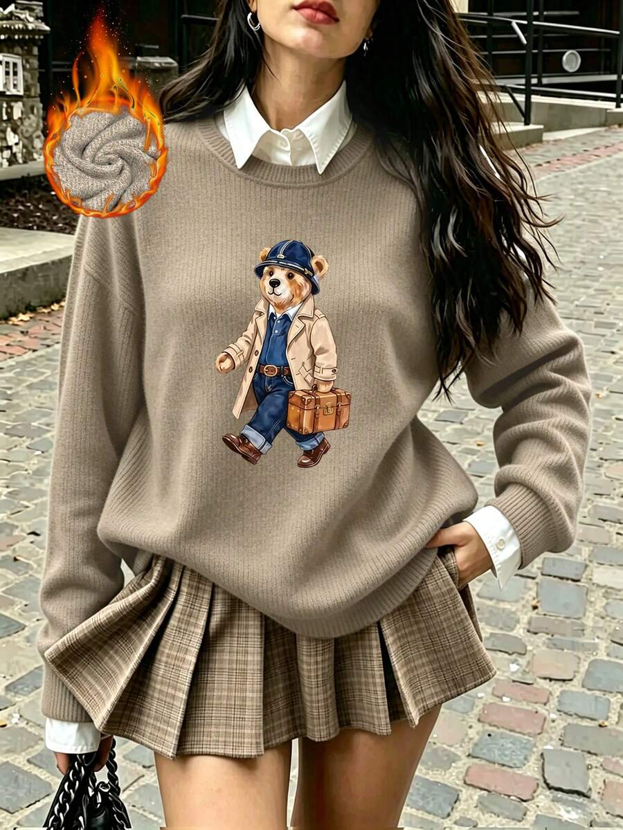 Women's Plus-Size Casual, Cute Faux-Knit Sweater Featuring A Stylish Bear Graphic-A Versatile Top Perfect For Everyday Wear In Autumn And Winter. - Camel - View 1