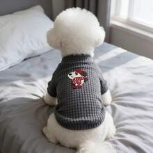 1PC Waffle Knit Dog T-Shirt, Cute Cartoon Puppy Patch Half High Collar Pet Short Sleeve Shirt, Soft Stretchy Daily Clothes For Small Dogs Bichon Maltese Poodle - Dark Grey - View 4