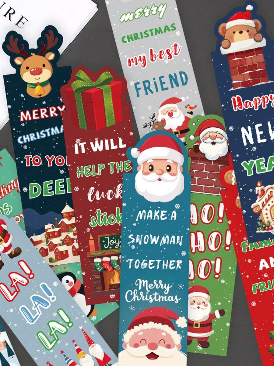 30pcs Christmas Bookmarks Cute Cartoon Santa Claus Paper Bookmarks To Decorate Books, Mark Pages, Gift Cards, And Journal Cards - A - View 1