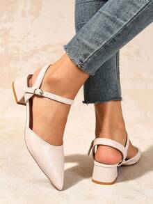 Women's Beige Pointed Toe Ankle Strap Slingback Pumps, Low Chunky Heel Elegant Casual Dating Commuting Formal Shoes - Beige - View 3