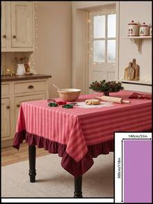 1pc Red And White Thin Striped With Burgundy Ruffle Edge Tablecloth, Christmas Baking Style Fabric Material, Rectangular Burgundy Ruffle Edge Patchwork Detail, Stain-Resistant Protection And Decorative Function For Home Long Table, Suitable For Christmas Baking Decor And Holiday Kitchen Scenes - Red - View 17