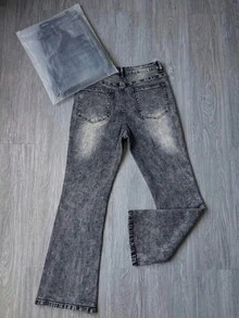 Black Gray Washed Micro Flare Denim Jeans, Street Style Layered Denim Pants, Stacked Layered Micro Flare Denim Jeans, All Season Wear Daily Commute Flare Denim Jeans - Grey - View 5