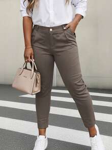 HOMEYEE Women's Retro Casual Vacation Elegant Daily Business Professional Plus Size Pants Spring - Coffee Brown - View 8