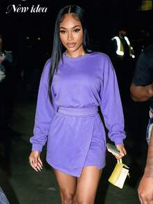 NEW IDEA Women Purple Fall Winter Long Sleeve Crew Neck Sweatshirt & Wrap Skirt 2 Pieces Set For Casual Wear - Purple - View 1