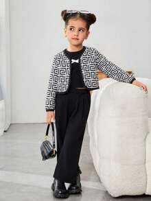 Girls' 3 Pieces Outfit Set, Spring/Summer/Winter Casual Commuter Jacket, Solid Top And Loose Pants, Fashionable Outfit For Girls - Black and White - View 1