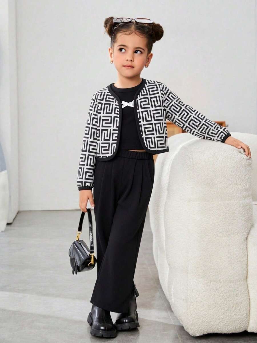 Girls' 3 Pieces Outfit Set, Spring/Summer/Winter Casual Commuter Jacket, Solid Top And Loose Pants, Fashionable Outfit For Girls - Black and White - View 1