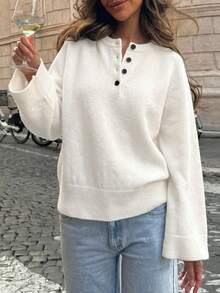 Fashionable White Round Neck Ribbed Knit Raglan Sleeve Women's Sweater, Long Sleeve Pullover, Suitable For Vacation And Holiday, Autumn/Winter Wear - White - View 5