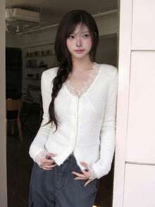 Soft Feminine Lace Patchwork V-Neck Knit Cardigan Women's Autumn/Winter Soft Fluffy Slimming Top - White - View 2