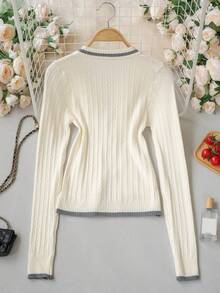 Korean Style Sweet Contrast Color Bow-Knit Cardigan Women's Long Sleeve Slim Fit Short Sweater Top, Suitable For Autumn/Winter Vacation, Back To School Season, Casual Wear - Apricot - View 7