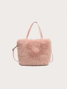 Faux Fur Tote Bag Women's Bucket Plush Luxury Design Ladies Handbags Soft Winter Crossbody Shoulder Bags - Pink - View 6