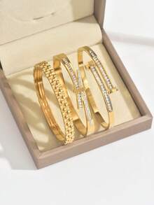 1pc/3pcs Stainless Steel Gold Bracelet Set, 6cm Diameter Small Size Vacuum Plated Zirconia Bracelet Stacking Set, Fade-Resistant, Suitable For Women's Daily Wear - Multicolor - View 6