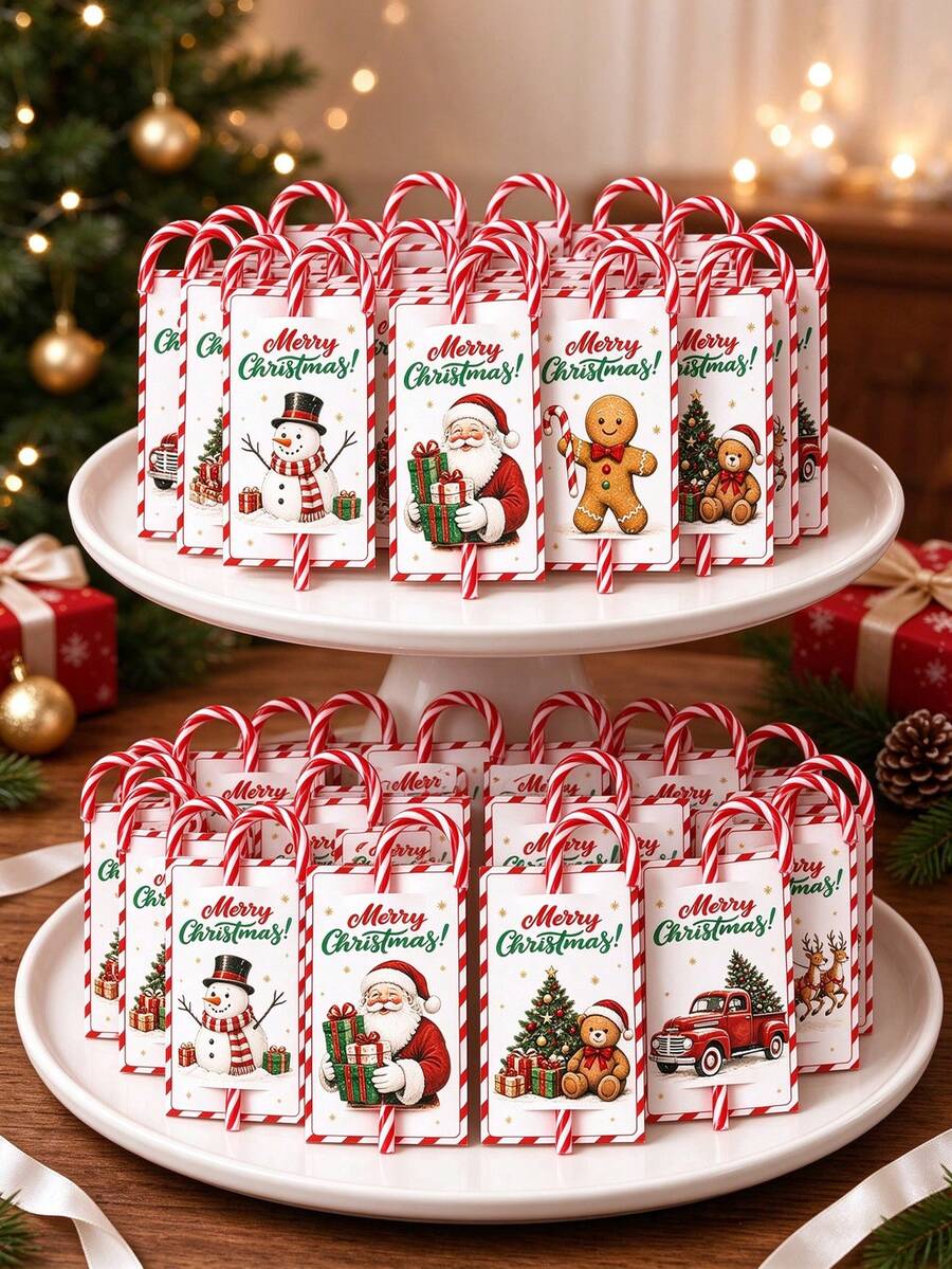 48Pcs Christmas Candy Cane Gift Cards, Vintage Christmas Paper Cards, Santa Claus Snowman Reindeer Gingerbread Design Christmas Gift Tags, Holiday Gift Packaging, Christmas Gift Wrapping, Christmas Gift Packaging, Christmas Decoration, Christmas Party Supplies, Home Gathering Supplies, Christmas Gifts, Merry Christmas, Home Decor, Table Decor, Christmas Party Offers, 2026 Christmas Decoration, Christmas