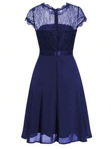 Summer Elegant Noble Lace Patchwork Layered A-Line Skirt Midi Dress For Women, Perfect For Formal Occasions And Parties - Navy Blue - View 6