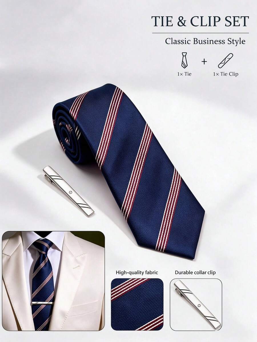 1 Set Men's Business Premium Minimalist Versatile Daily Tie And Tie Clip Accessories, Suitable For Business Meetings, Job Interviews, Parties, Weddings And Evening Events - Navy Blue and Red Stripes - View 1