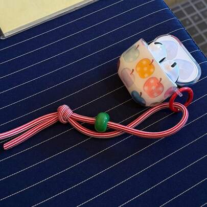 Semi-Transparent Colorful Multiple Apple + Red Striped Green Bead Rope Earphone Case Compatible With Apple 5/ 4 Cute Earphone Cover Apple 2nd Gen 3rd Gen New Protective Case Pendant AirPodspro 3 Korean Style Earphone Case Pro 2 Women's Earphone Case Protective Cover