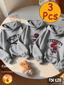 Fall/Winter 3 Pieces Set Girls' Fleece Hoodie Gray Long Sleeve Cotton Rose Print Graphic Y2K Style - Heather Gray+Heather Gray+Heather Gray - View 5