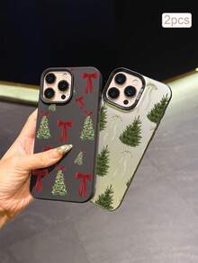 2pcs Christmas Tree Print TPU Shockproof Full Coverage Precision Protective Case Compatible With Apple 11/12/13/14/15/16/16Pro/16ProMax/17/17pro/17ProMax/18pro 18ProMax - Multicolor - View 2